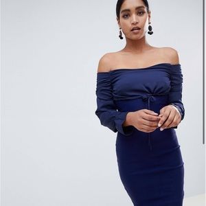 Vesper long sleeve bardot dress with tie detail